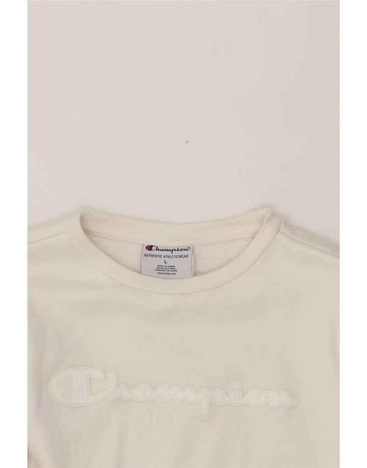 CHAMPION Womens Graphic Sweatshirt Jumper UK 14 Large White Polyester Vintage Champion and Second-Hand Champion from Messina Hembry 
