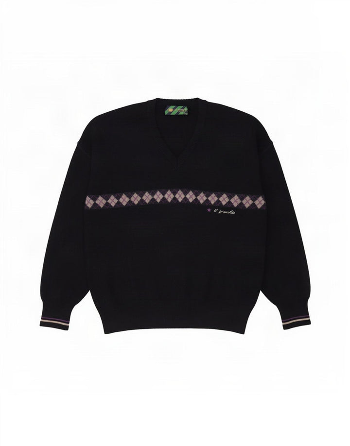 Il Granchio Herren-Pullover mit V-Ausschnitt, mittleres Marineblau, Argyle-/Diamant-Wolle