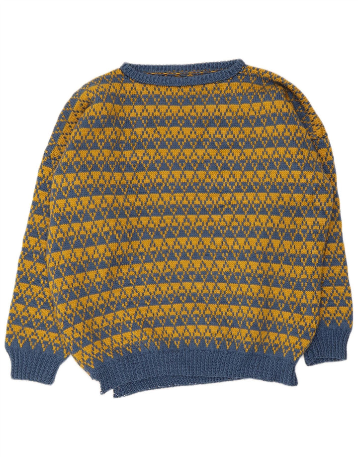 Vintage Herren Pullover mit U-Boot-Ausschnitt, groß, blau, geometrisch