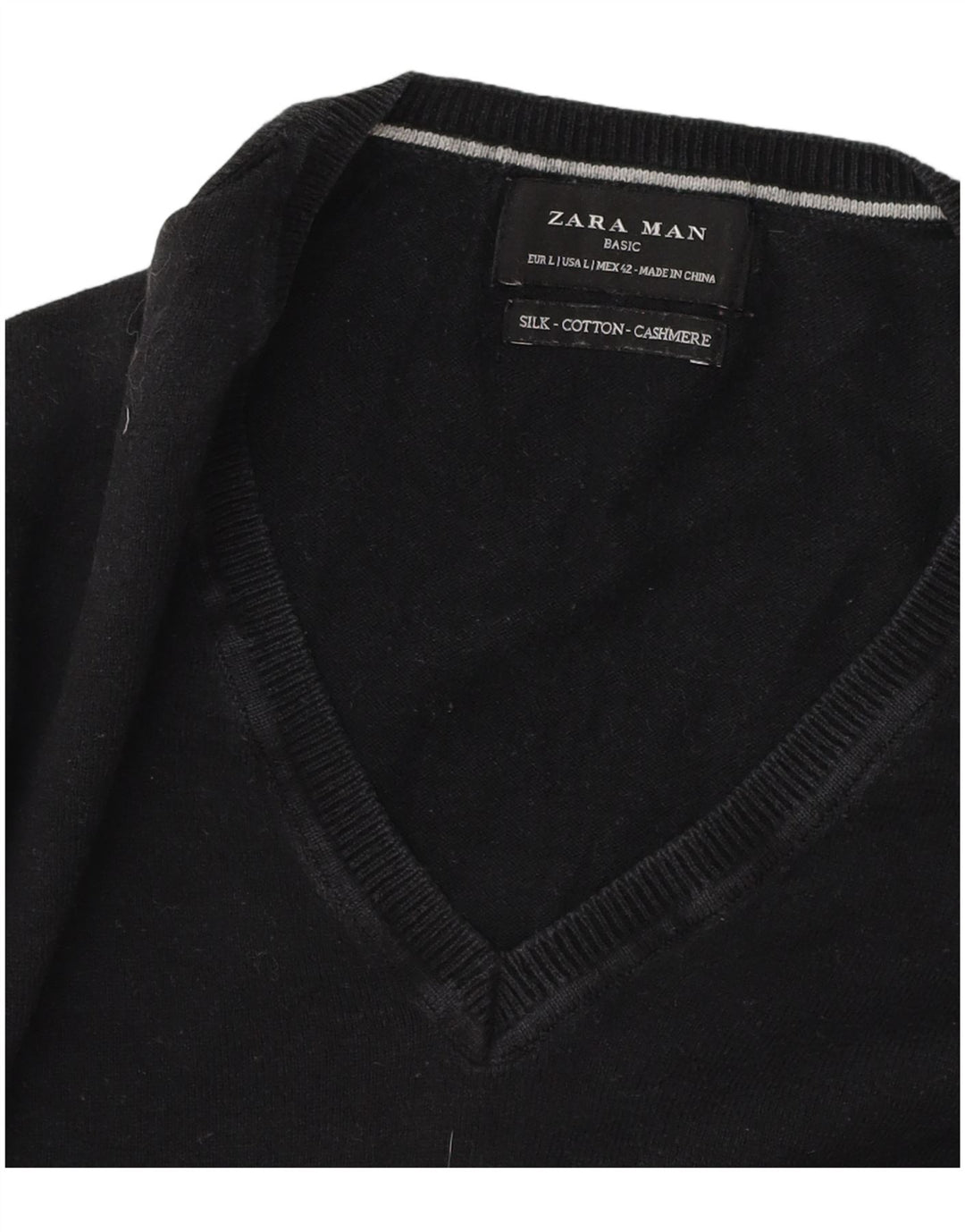 Zara Herren-Pullover mit V-Ausschnitt, groß, aus schwarzer Baumwolle