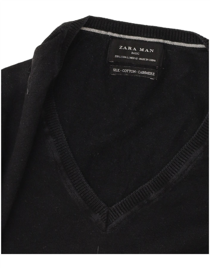 Zara Herren-Pullover mit V-Ausschnitt, groß, aus schwarzer Baumwolle