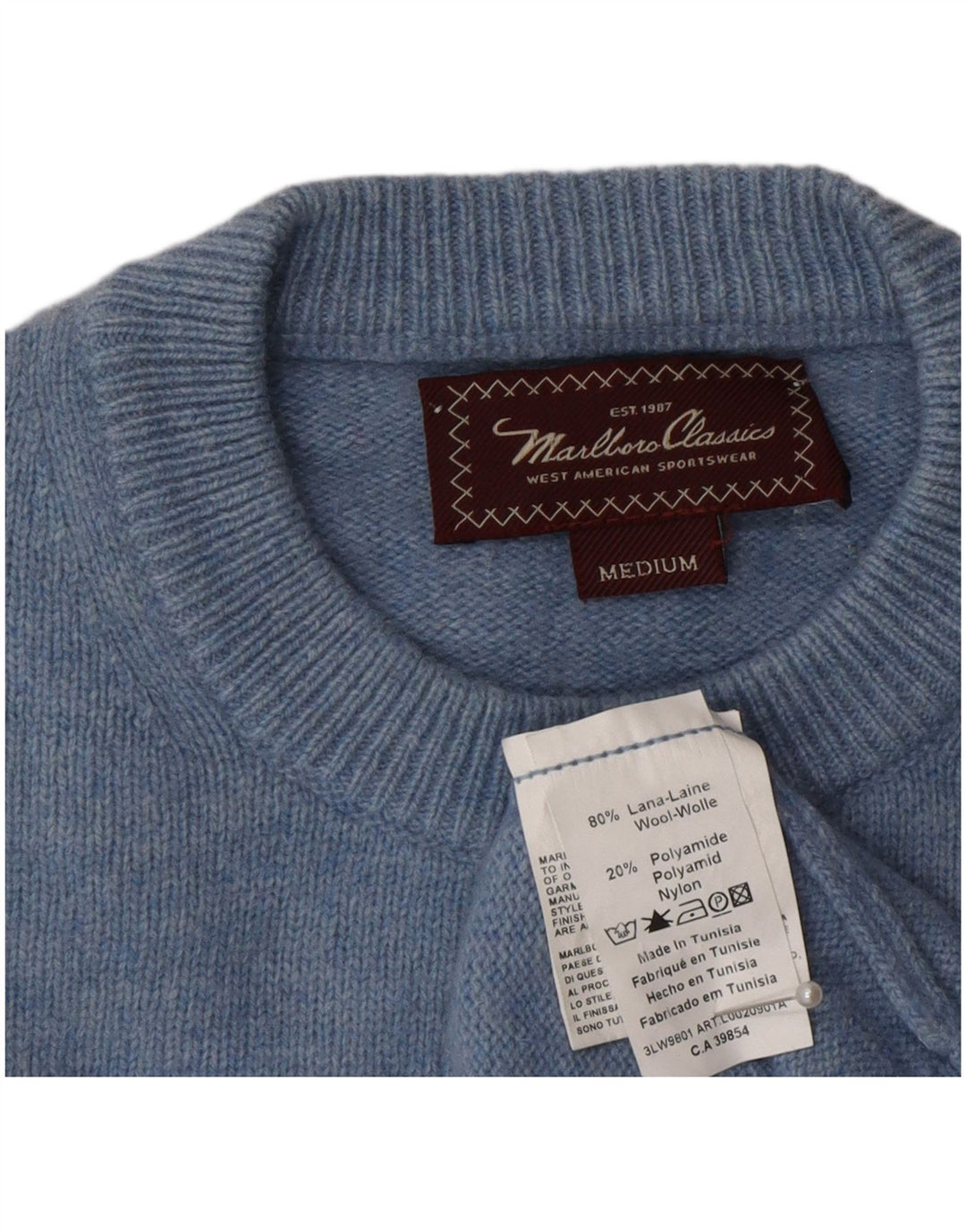 Marlboro Classics Herren-Pullover mit Rundhalsausschnitt, mittelblaue Wolle