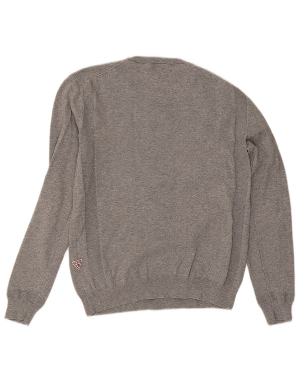 Guess Herren-Pullover mit grafischem Rundhalsausschnitt, XS, graue Baumwolle