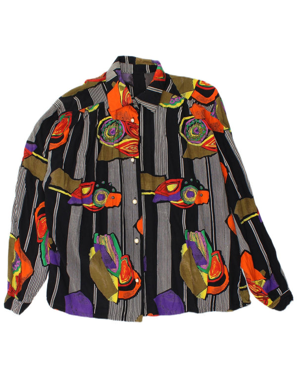 Vintage Damen Grafik-Hemdbluse UK 16 Große schwarz gestreifte Viskose