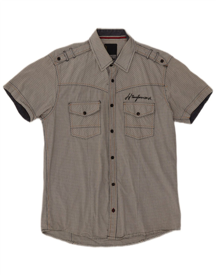 Jack & Jones Herren-Kurzarmhemd mit Militärgrafik, Mittelgrau kariert
