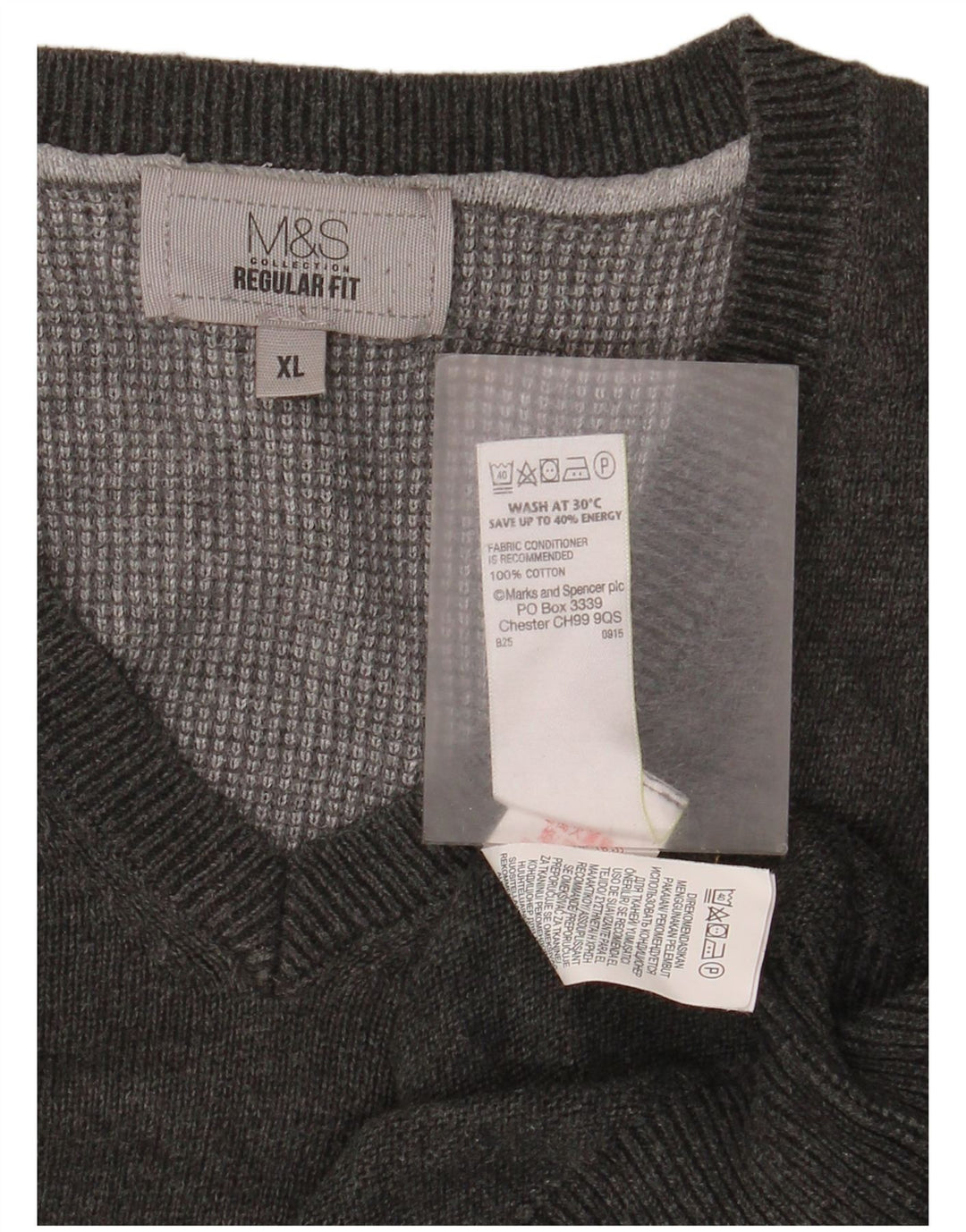 Marks & Spencer Herren-Pullover, reguläre Passform, V-Ausschnitt, XL, graue Baumwolle