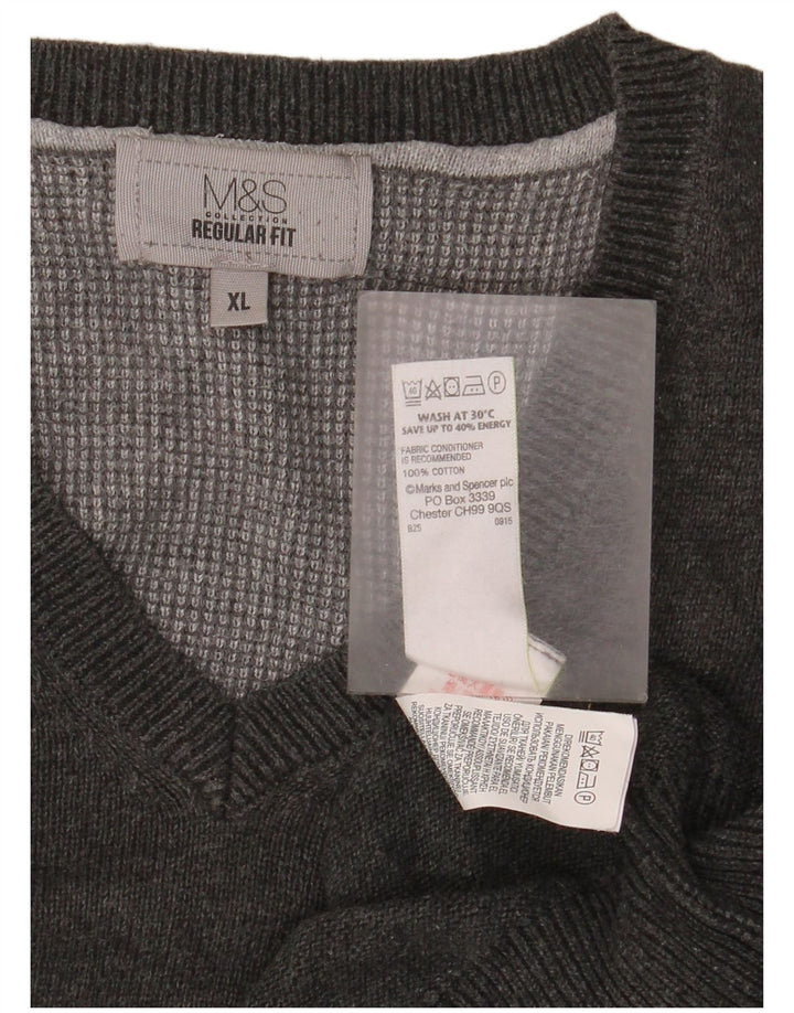 Marks & Spencer Herren-Pullover, reguläre Passform, V-Ausschnitt, XL, graue Baumwolle
