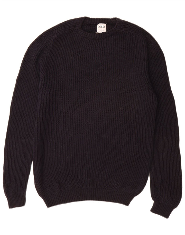 Zara Herren-Pullover mit Rundhalsausschnitt, mittlere marineblaue Baumwolle