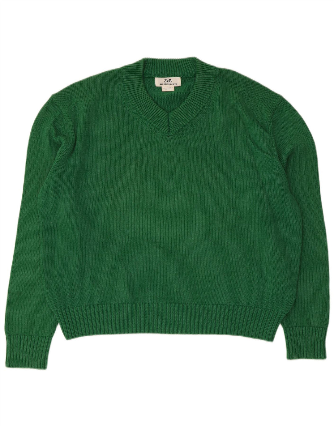 Zara Damen-Pullover, übergroß, V-Ausschnitt, UK 14, mittelgrün, Baumwolle
