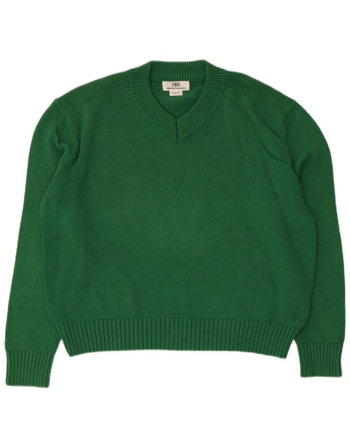 Zara Damen-Pullover, übergroß, V-Ausschnitt, UK 14, mittelgrün, Baumwolle