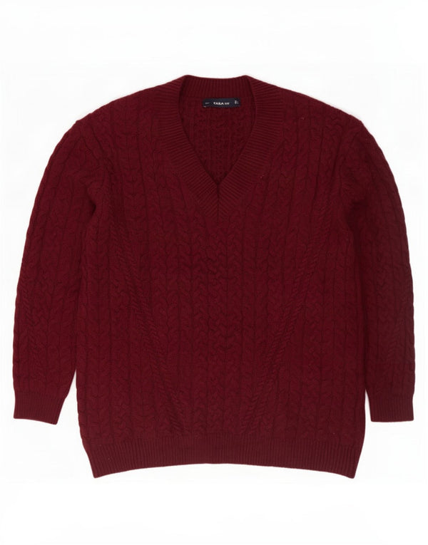 Zara Mens V-Neck Jumper Sweater Small Burgundy Nylon