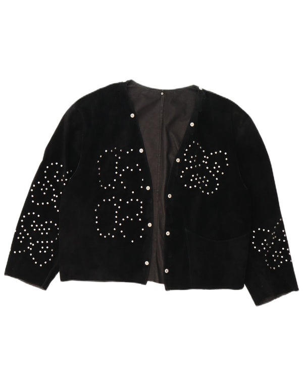 Vintage Damen offene Wildleder-Blazerjacke UK 14 Mittelschwarzes Blumenleder