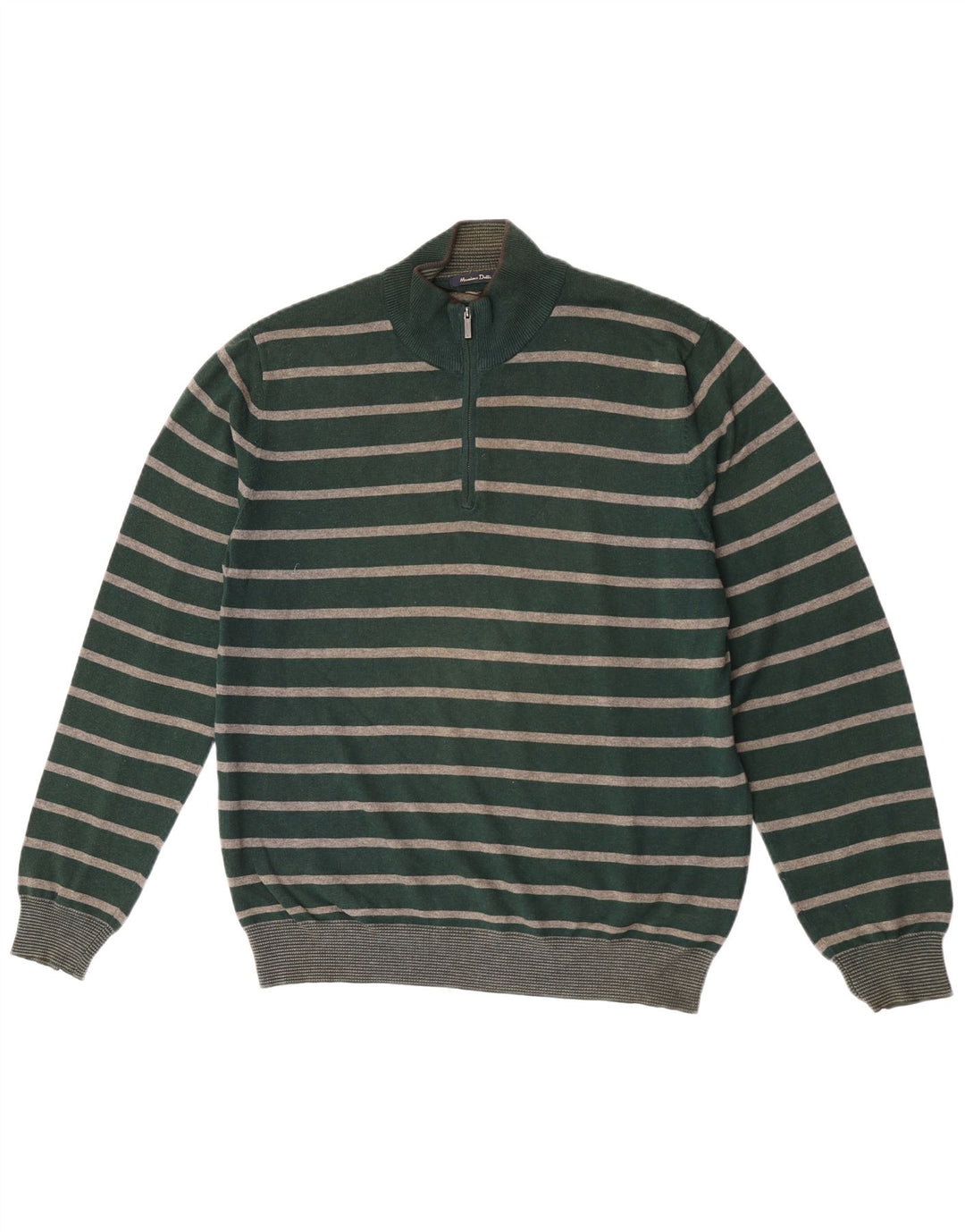 Massimo Dutti Herren-Pullover mit Reißverschluss am Hals, groß, grün gestreift, Baumwolle