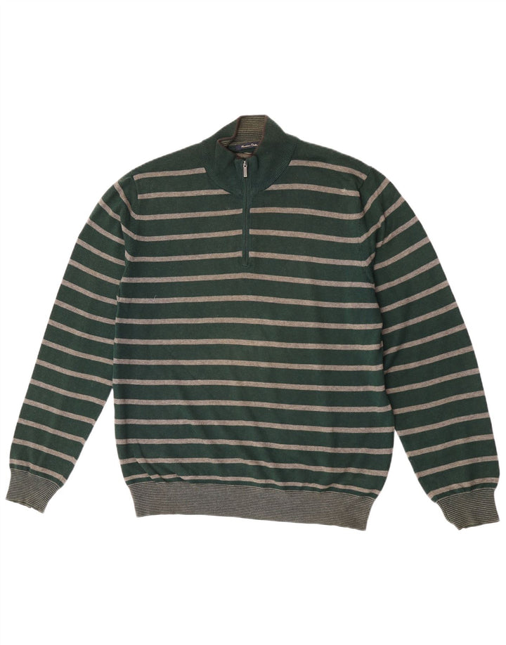 Massimo Dutti Herren-Pullover mit Reißverschluss am Hals, groß, grün gestreift, Baumwolle