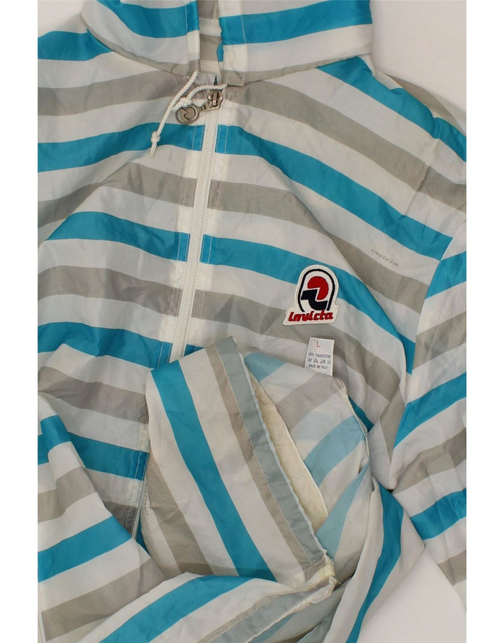 INVICTA Mens Hooded Rain Jacket UK 40 Large Blue Striped Polyester Vintage Invicta and Second-Hand Invicta from Messina Hembry 