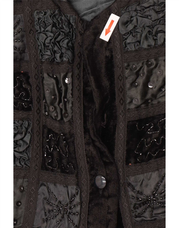 Vintage Damen Samt Bolero Jacke UK 12 Medium Schwarz Patchwork