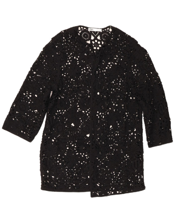 Zara Damen-Strickjacke in Übergröße, lang geschnitten, Gr. 6, XS, Schwarz mit Blumenmuster