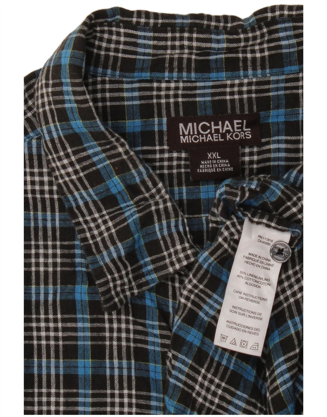 Michael Kors Herren Kurzarmhemd 2XL Blau kariertes Leinen