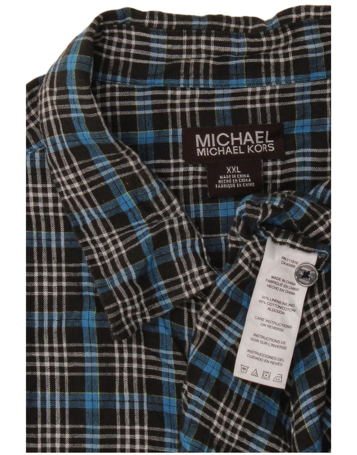 Michael Kors Herren Kurzarmhemd 2XL Blau kariertes Leinen