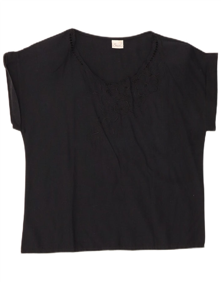 VINTAGE Damen Blusentop IT 44 Mittelschwarze geblümte Baumwolle