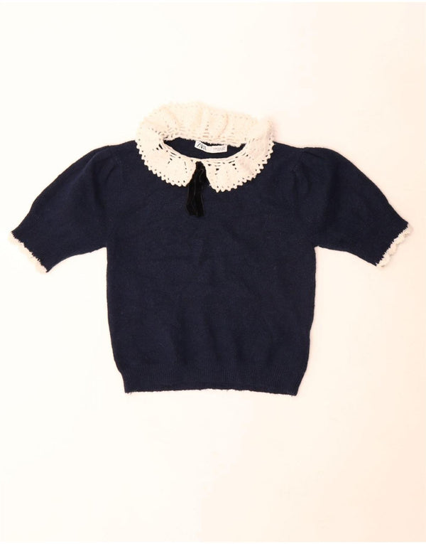 Zara Damen Strick-Crop-Top UK 12 Medium Marineblau Polyester