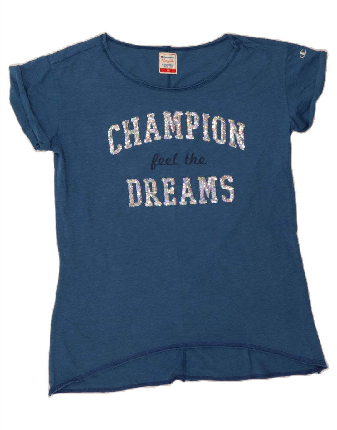 CHAMPION Womens Graphic T-Shirt Top UK 14 Medium Blue Vintage Champion and Second-Hand Champion from Messina Hembry 