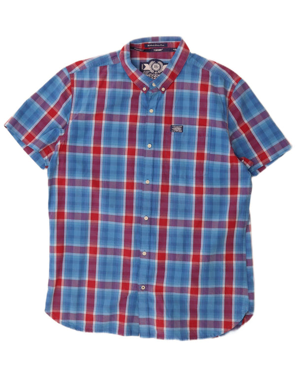 Superdry Herren-Kurzarmhemd 2XL aus blau karierter Baumwolle