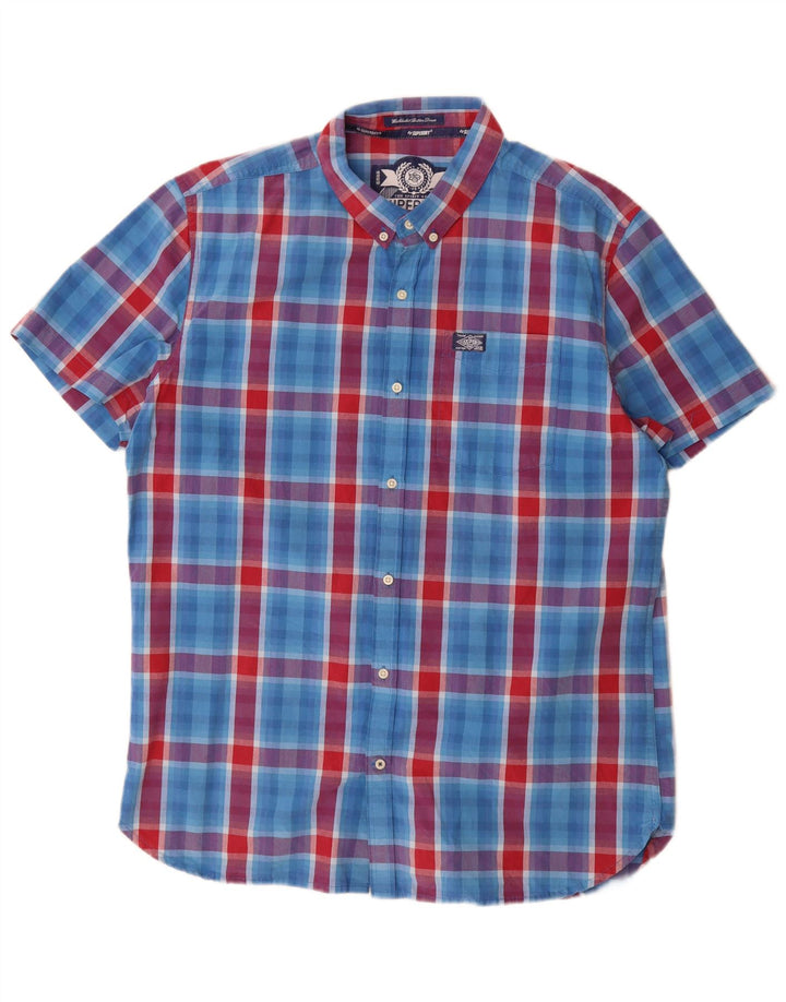 Superdry Herren-Kurzarmhemd 2XL aus blau karierter Baumwolle