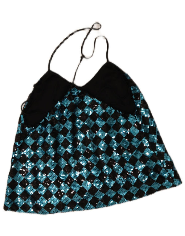 Vintage Damen Übergroßes Pailletten-Neckholder-Top UK 10 Small Blue Argyle/Diamant