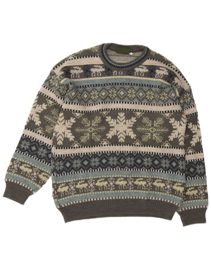 Liberti Herren-Pullover mit Rundhalsausschnitt, mittelgraue Fair-Isle-Wolle