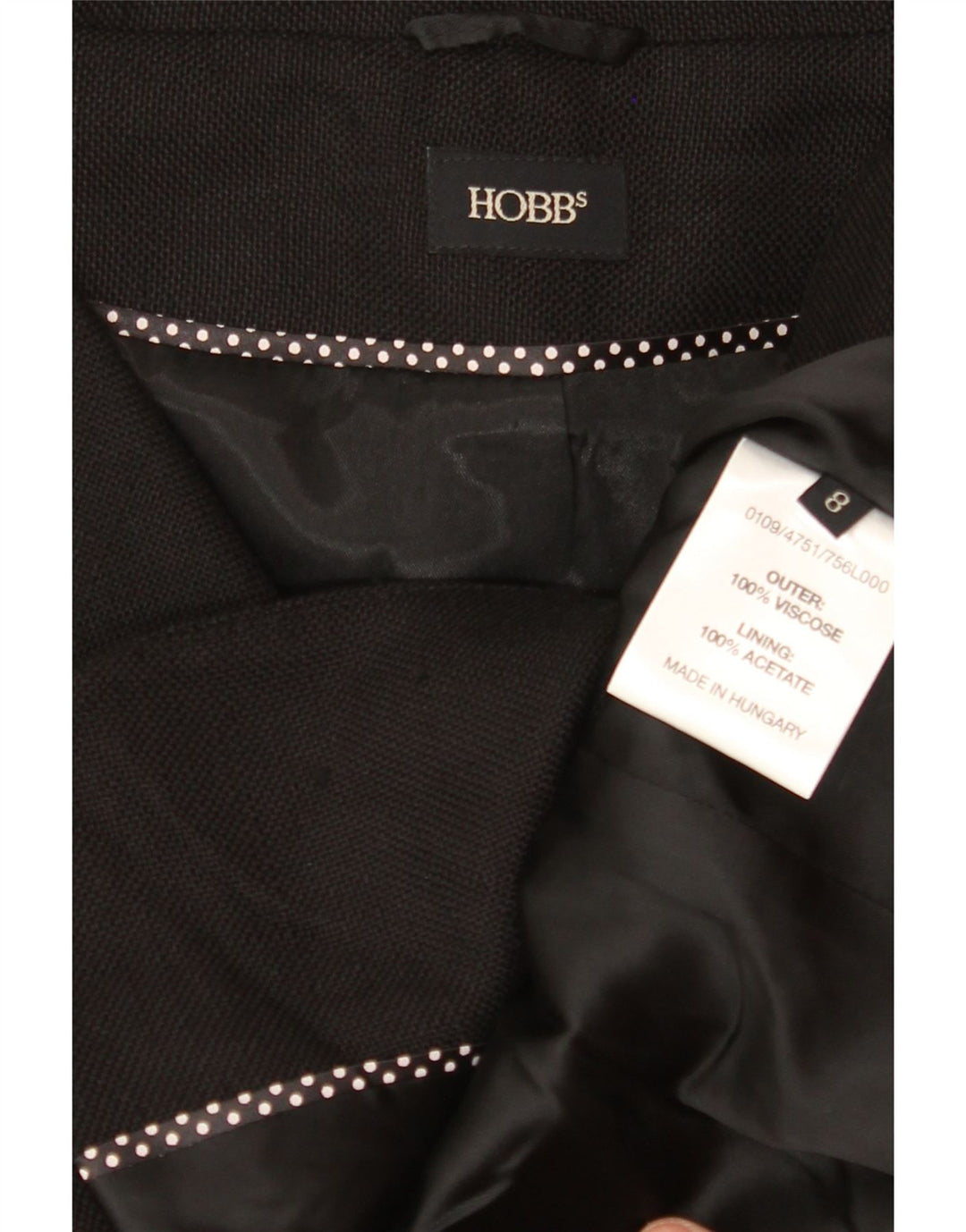 HOBBS Womens 3/4 Sleeve 3 Button Blazer Jacket UK 8 Small  Black Viscose Vintage Hobbs and Second-Hand Hobbs from Messina Hembry 