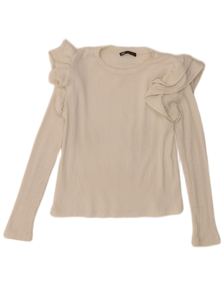 Zara Damen-Oberteil mit Rüschen vorne, langärmlig, UK 10, Größe S, gebrochenes Weiß