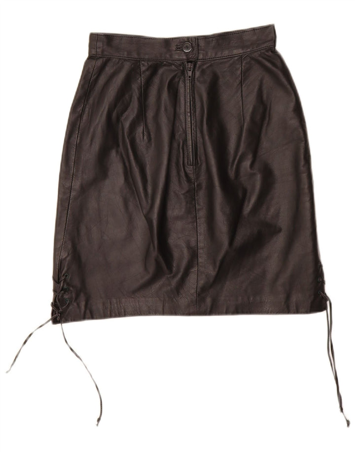 VINTAGE Damen Lederrock EU 34 XS W24 Schwarzes Leder