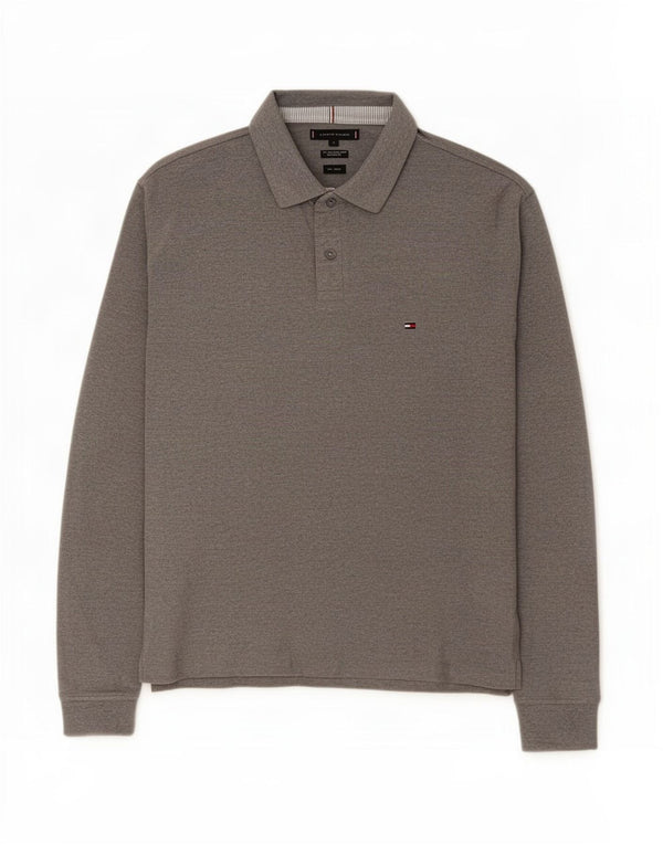 Tommy Hilfiger Herren-Langarm-Poloshirt mit normaler Passform, XL, graue Baumwolle