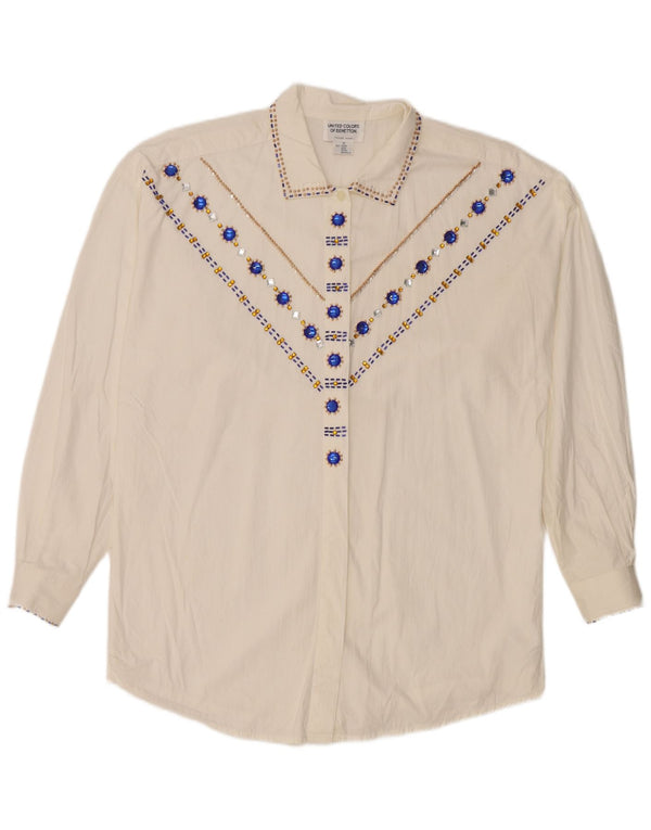 Benetton Womens Loose Fit Graphic Shirt Bluse IT 44 Mittelweiße Baumwolle