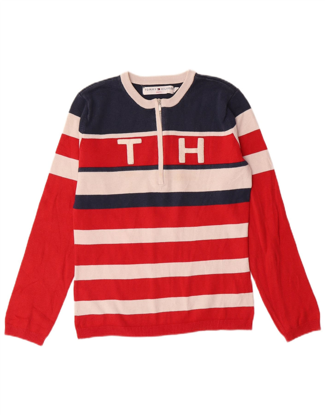 TOMMY HILFIGER Damen Pullover mit Reißverschluss am Hals UK 12 Mittelrot gestreift