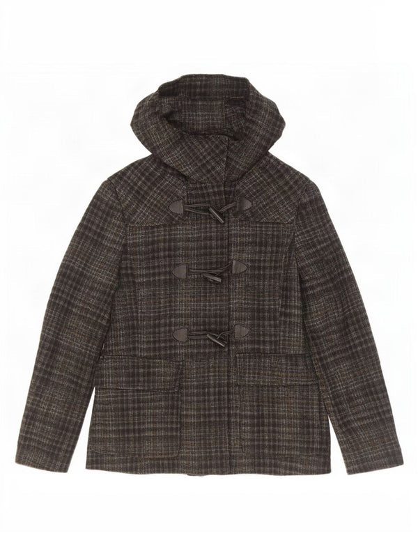 Benetton Damen Dufflejacke mit Kapuze IT 42 Mittelgrau kariertes Acryl