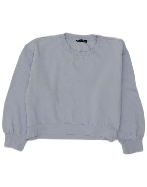 Zara Damen Crop Sweatshirt Pullover UK 16 Large Blau Polyester