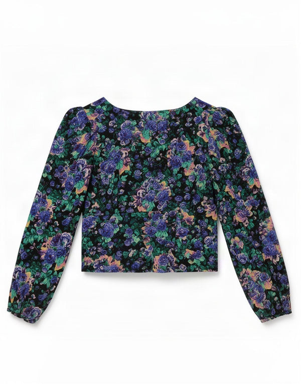 Zara Damen-Bluse mit langen Ärmeln, bauchfrei, Gr. 6, XS, mehrfarbig, mit Blumenmuster