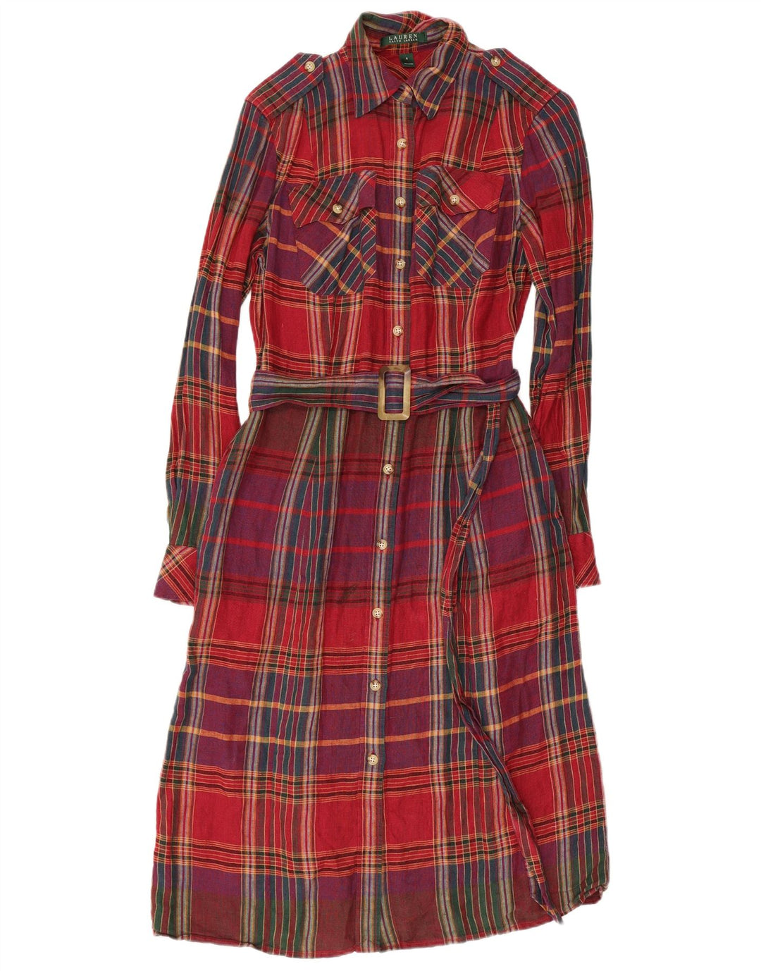 RALPH LAUREN Damen-Militärhemdkleid US 4 Small Red Check Leinen