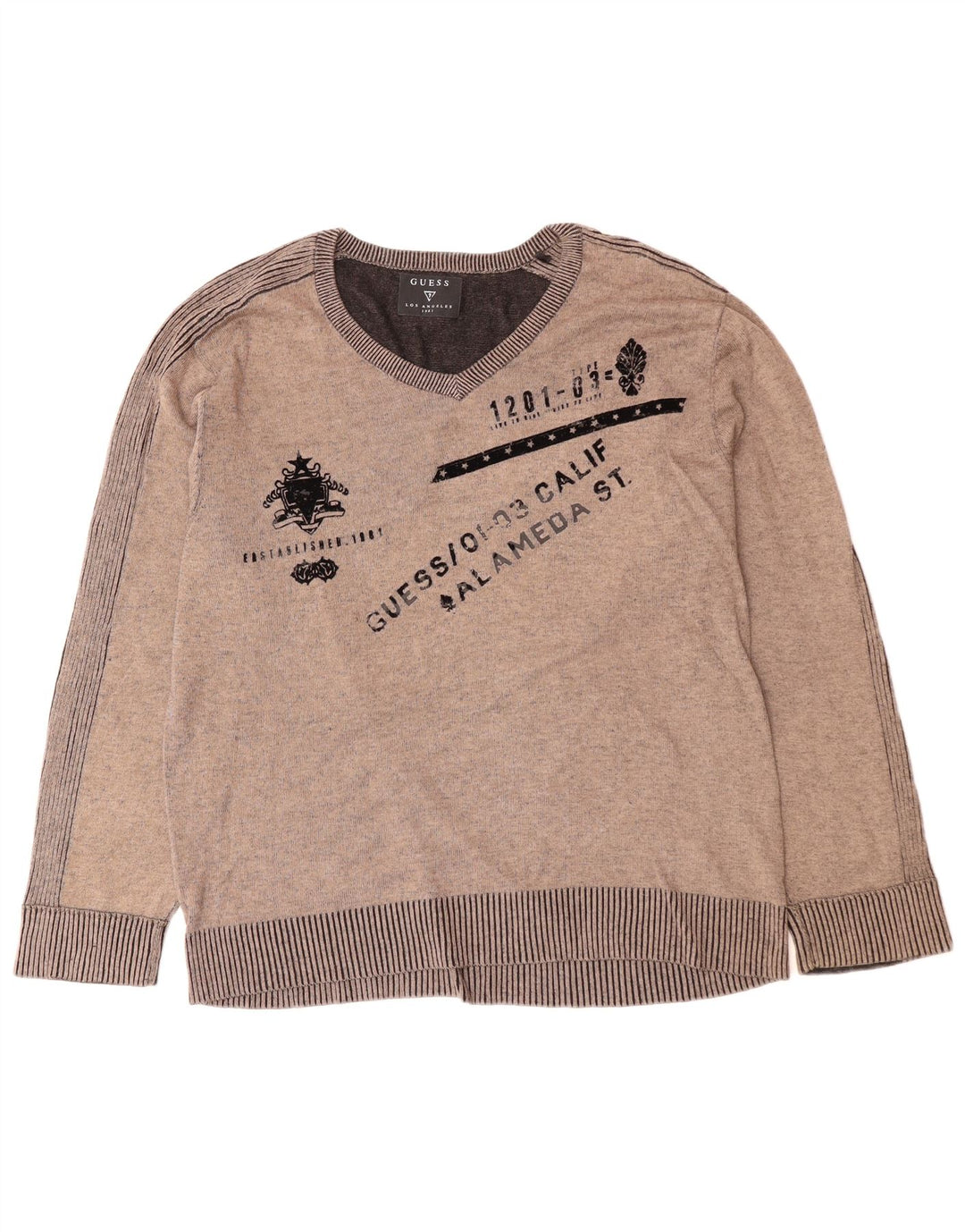 GUESS Herren-Pullover mit grafischem V-Ausschnitt, XL, Grau