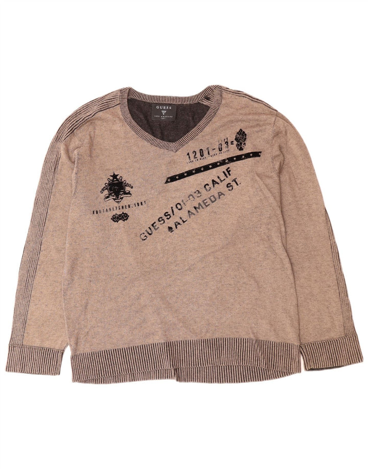 GUESS Herren-Pullover mit grafischem V-Ausschnitt, XL, Grau