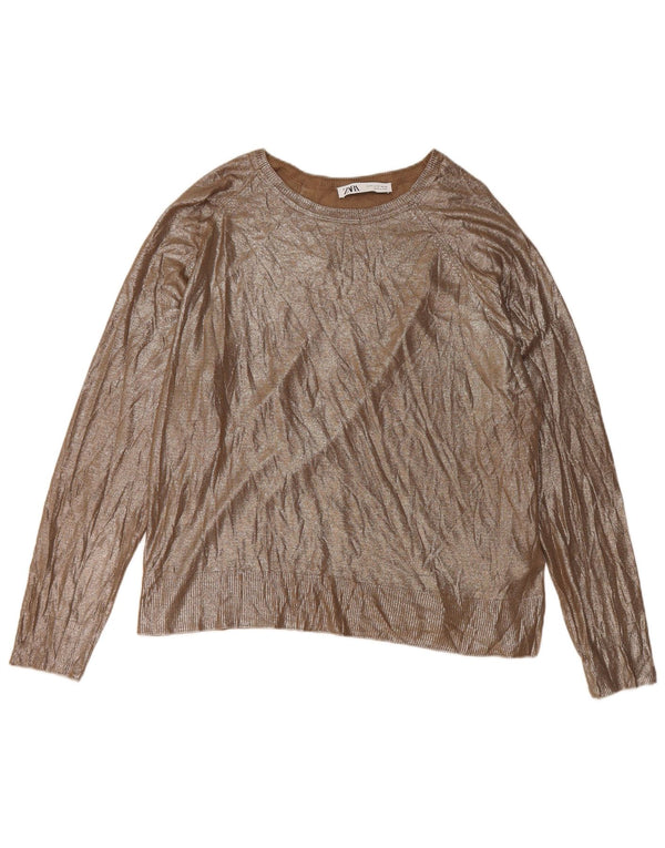 Zara Damen-Pullover, lockere Passform, U-Boot-Ausschnitt, Gr. 14, mittelgoldene Viskose