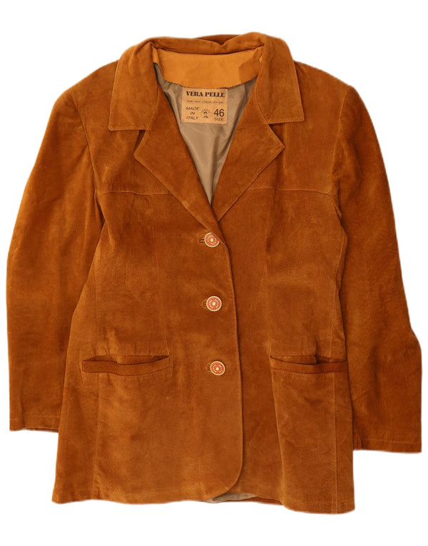 VINTAGE Damen 3-Knopf-Wildleder-Blazerjacke IT 46 Großes braunes Leder