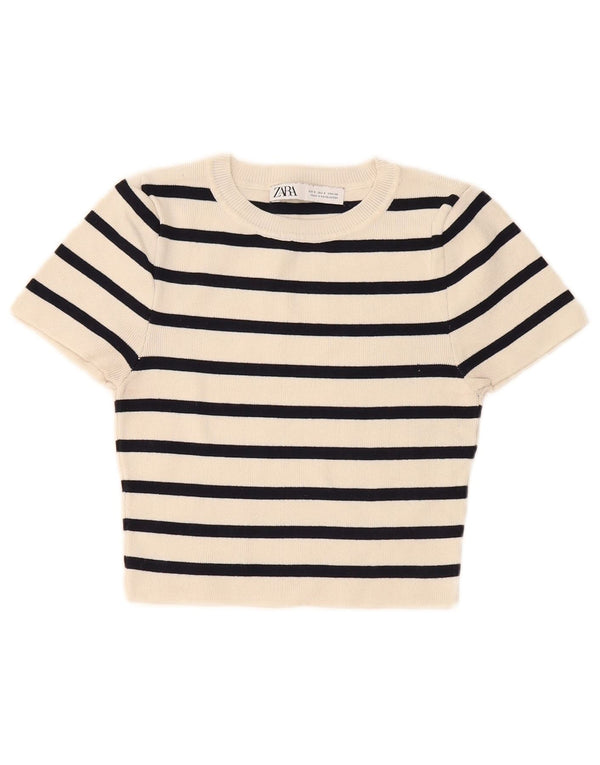 Zara Damen Crop T-Shirt Top UK 8 Small Off White Gestreifte Viskose