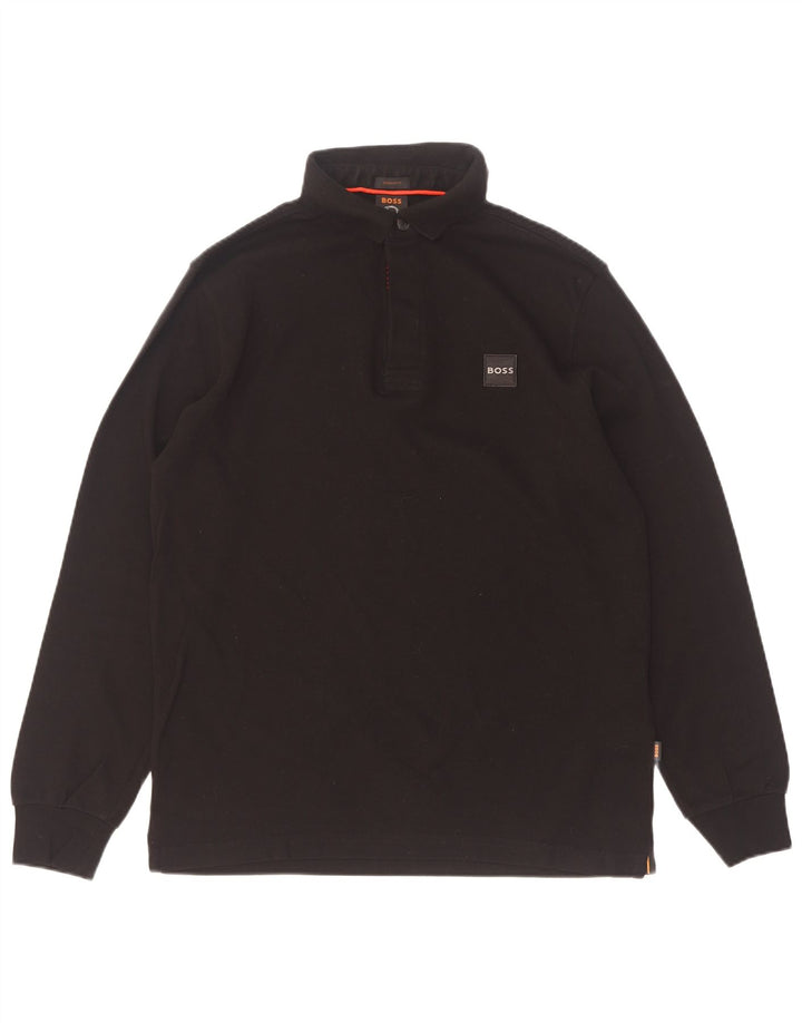 Hugo Boss Herren-Langarm-Poloshirt mit normaler Passform, mittelschwarze Baumwolle