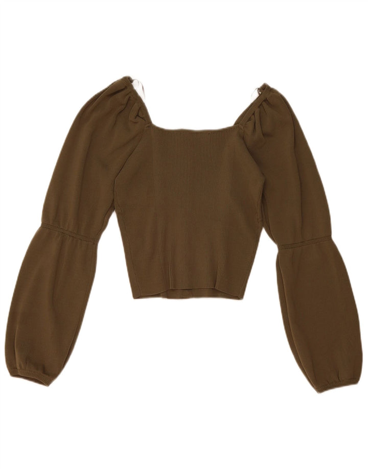 Zara Damen Langarm Crop Off Shoulder Top UK 12 Medium Khaki Nylon