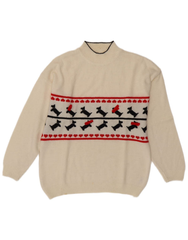 VINTAGE Damen Rollkragenpullover Pullover UK 16 Large White Fair Isle