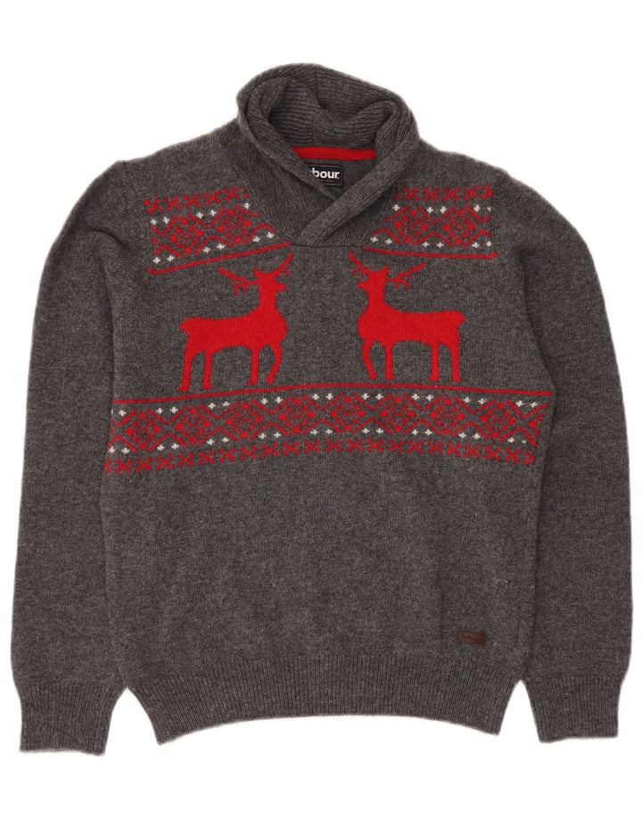 BARBOUR Jungen-Pullover mit Schalkragen, 15–16 Jahre, 2XL, graue Fair-Isle-Wolle
