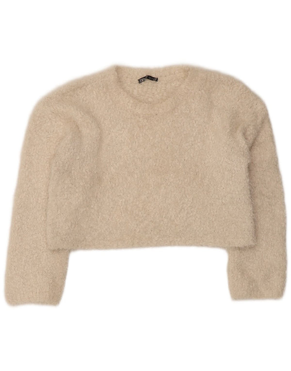 Zara Damen Crop-Pullover mit U-Boot-Ausschnitt, UK 14, mittelbeigefarbenes Polyester